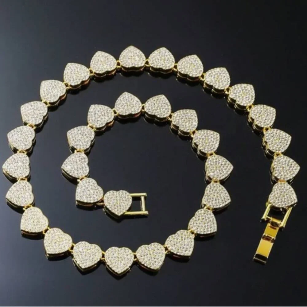 Gold Plated Heart Crystal Necklace Paved, Ice Out, Bling, Choker - Picture 14 of 14